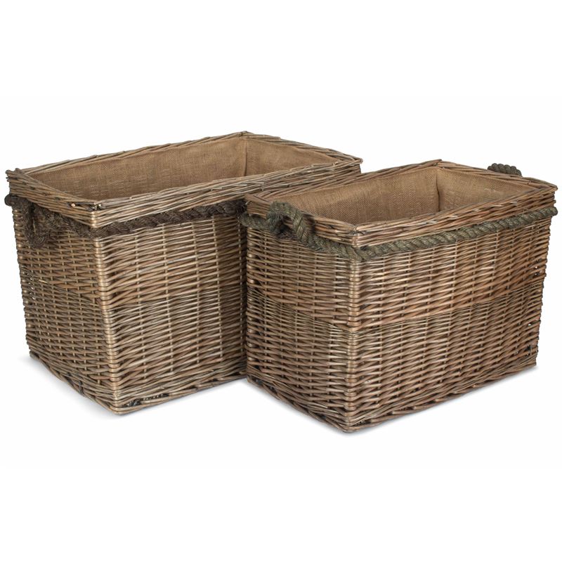 Set of 2 Rectangular Rope-Handled Log Baskets